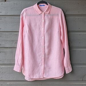 J. McLaughlin 100% Linen Pink White Stripes LS Button Front Shirt Blouse Small